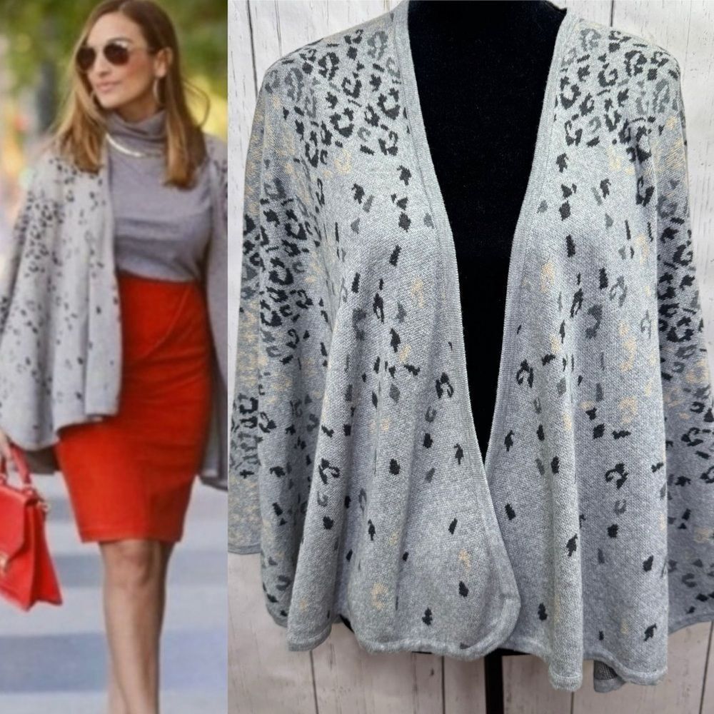 Cabi Leopard Print Open Front Poncho Gray O/S Cozy Luxe Minimalist Chic Fall